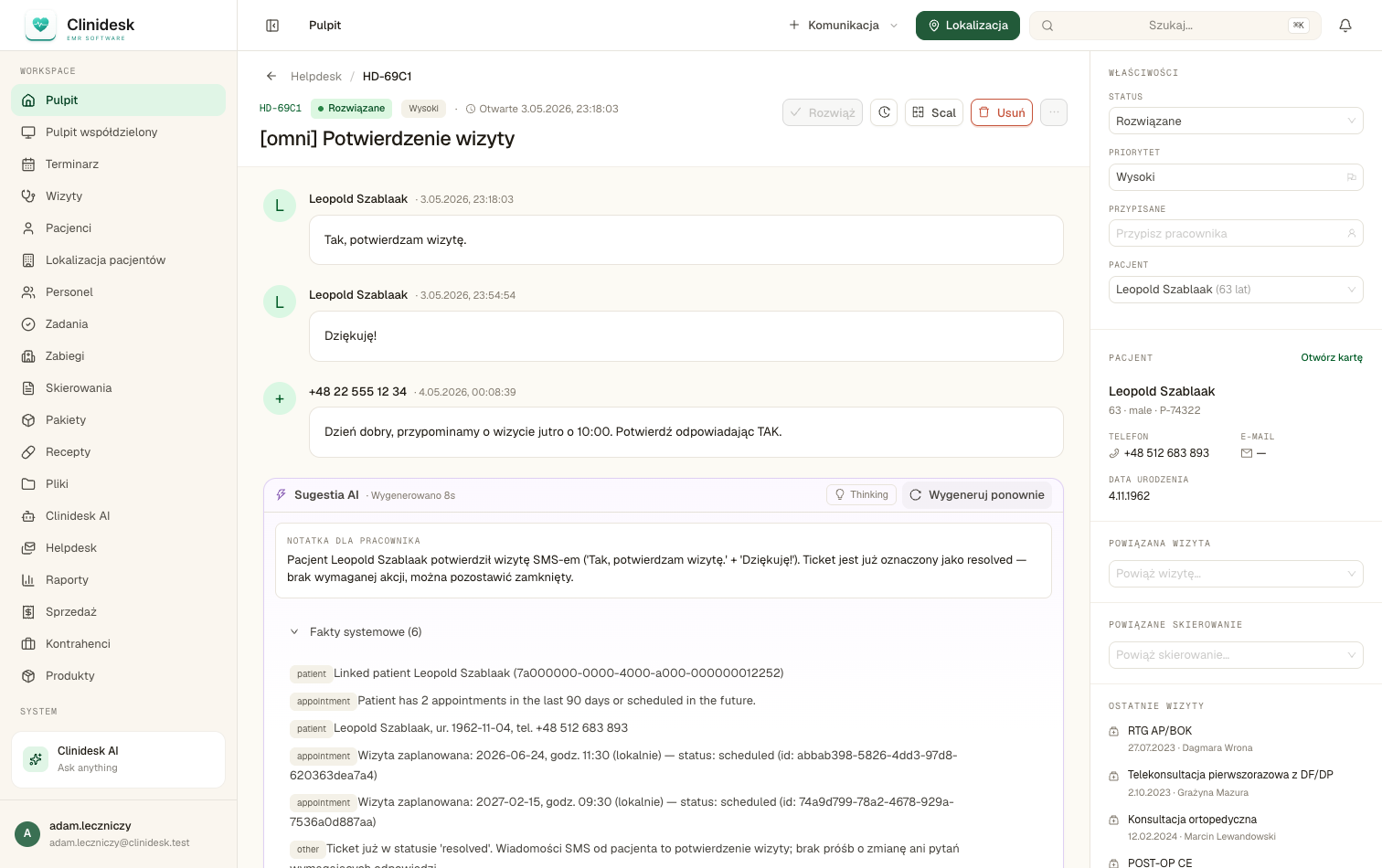 Panel Sugestia AI - notatka dla pracownika i fakty systemowe zebrane z kartoteki