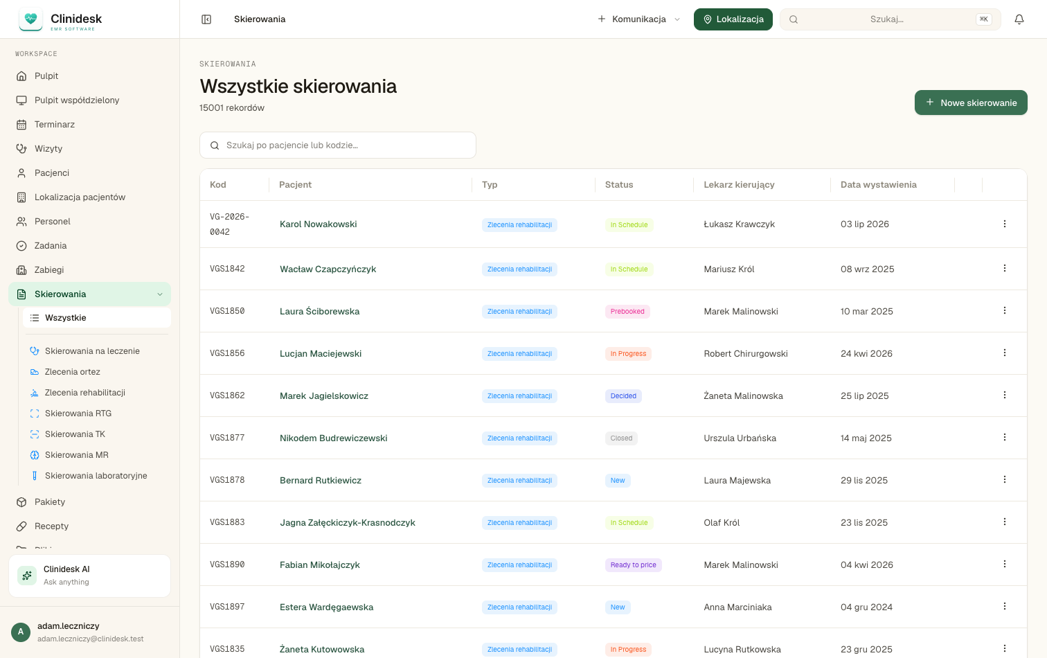 Lista skierowań ze statusami, wyszukiwarką i kolumnami Kod / Pacjent / Typ / Status