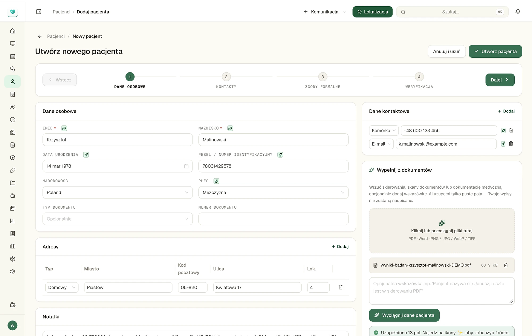 Tworzenie pacjenta w Clinidesk: AI uzupełnia dane z wgranego dokumentu