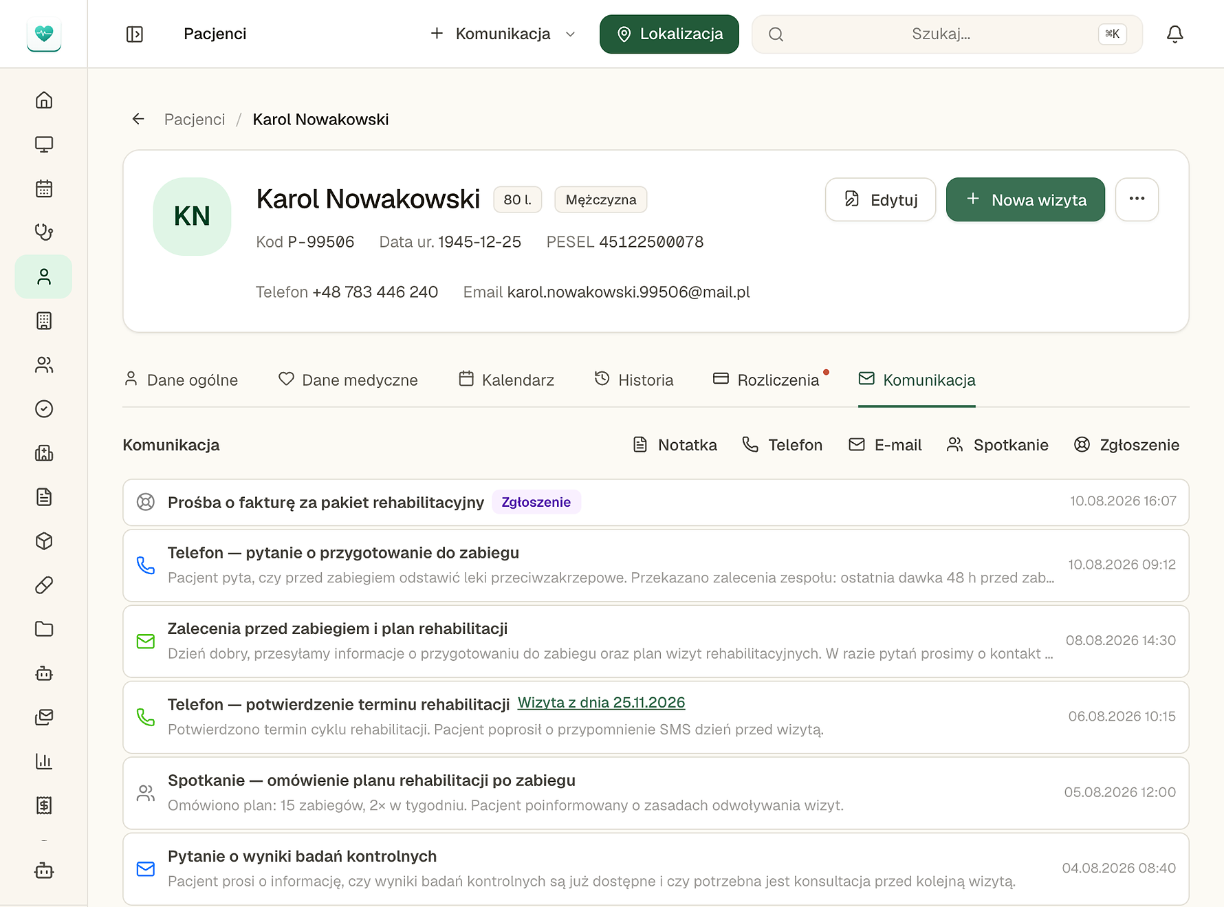 Zakładka Komunikacja na karcie pacjenta: telefony, e-maile, spotkania i zgłoszenia w jednej osi czasu