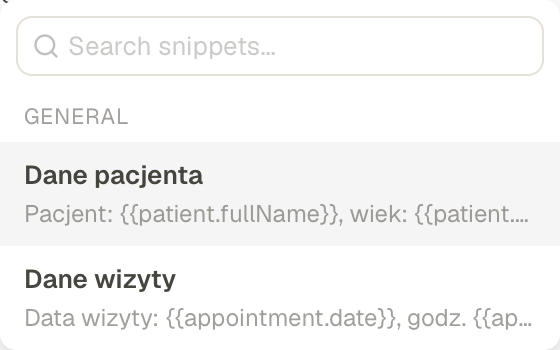 Skróty tekstowe: dane pacjenta i dane wizyty wstawiane do opisu