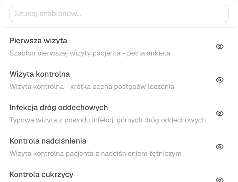 Lista szablonów opisu wizyty: pierwsza wizyta, wizyta kontrolna, fizjoterapia